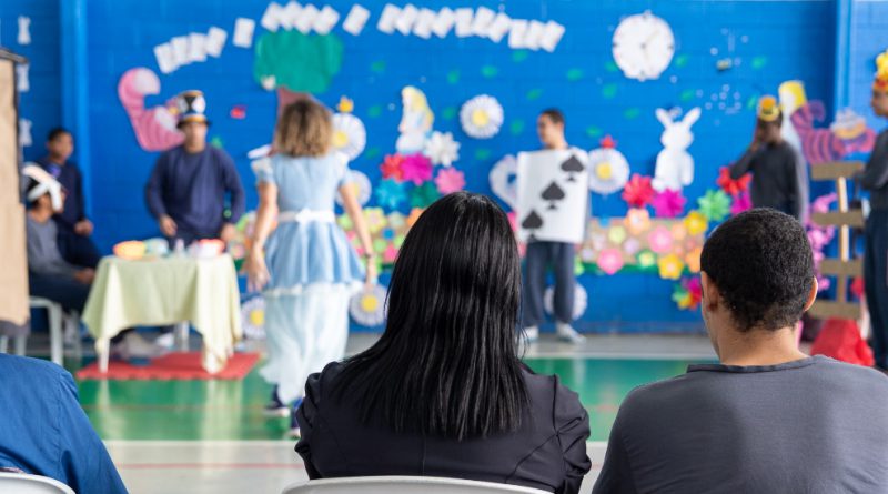 Foto mostra a quadra do centro socioeducativo, com uma parede branca e nela montado o cenário da encenação inspirada no livro Alice no País das Maravilhas: há uma mulher, com vestido azul como Alice, e jovens com elementos de figurino, como o chapéu do Chapeleiro Maluco e uma carta de copas. Na plateia mostra uma mulher adulta com um jovem de cada lado, sentados, assistindo à cena.