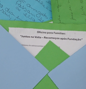 Foto mostra algumas folhas de papel cartolina nas cores azul e verde, com conteúdo escrito a mão em duas dessas folhas. Ao centro, uma delas traz impresso, sobre uma folha branca, o nome da oficina