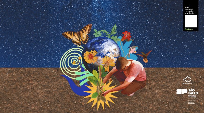 Arte retrata a campanha "Junho Verde", trazendo elementos como um adolescente plantando uma muda de arvore, o planeta terra ao fundo, além de temas florais com animais.